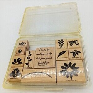 Vtg 2000 Stampin Up! Set of 12 Botanical Nature & Friendship Wood Rubber Stamps